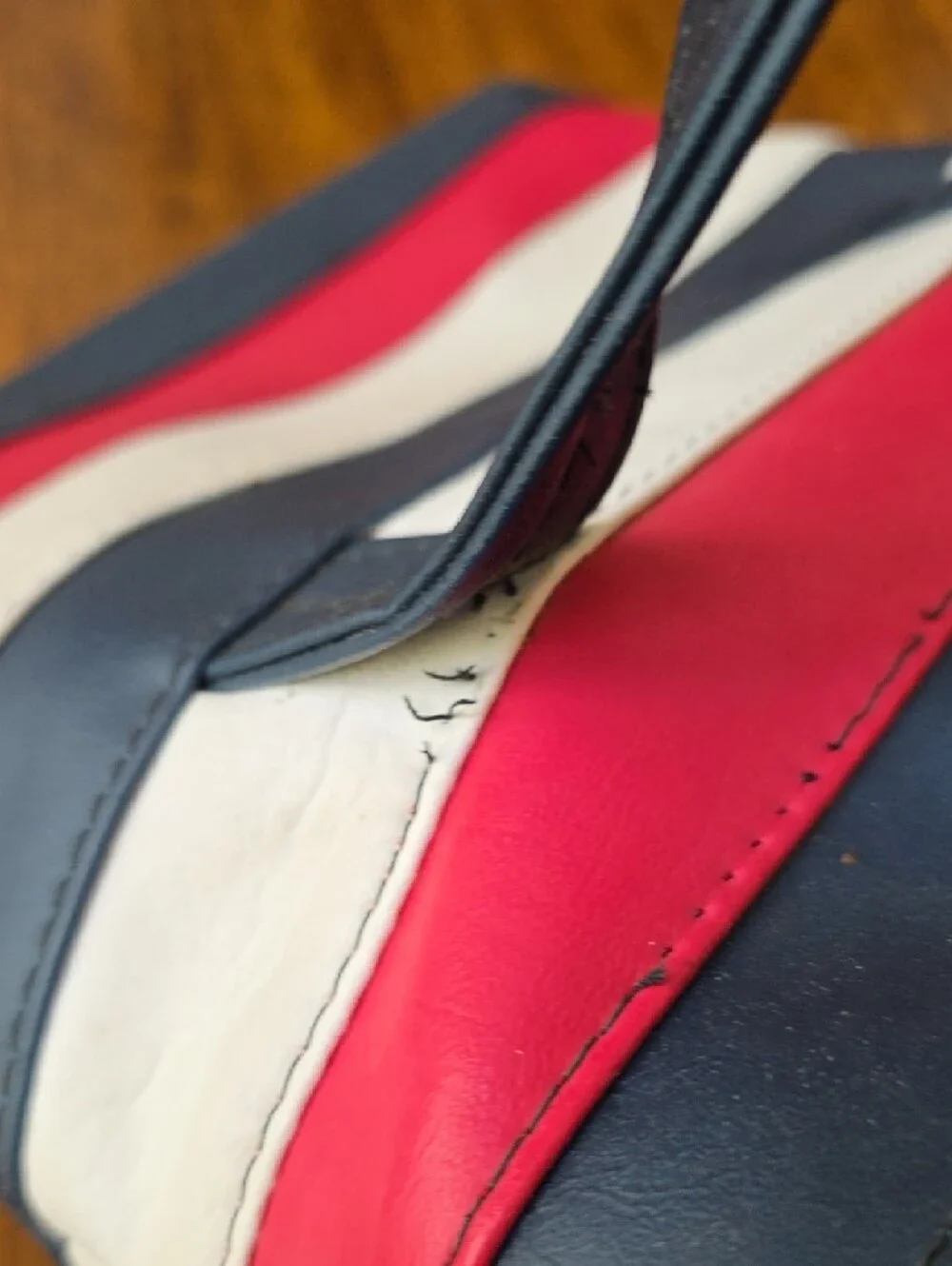 Vintage 1970s Naugahyde Striped Navy, Red & White Women’s Top-Handle Granny Bag